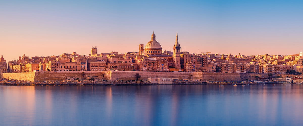 The skyline of Valletta at sunrise, Malta